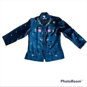 Vintage Black hand embroidered Silk Chinese Jacket Cherry Blossoms Red Cloud